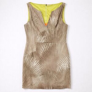 Elie Tahari Palm Print Sheath Dress Size 14 Tan Neon Zip Tropical